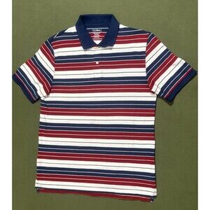 L.L.Bean Polo Shirt Mens M Striped Red White Blue Cotton Traditional Fit Preppy